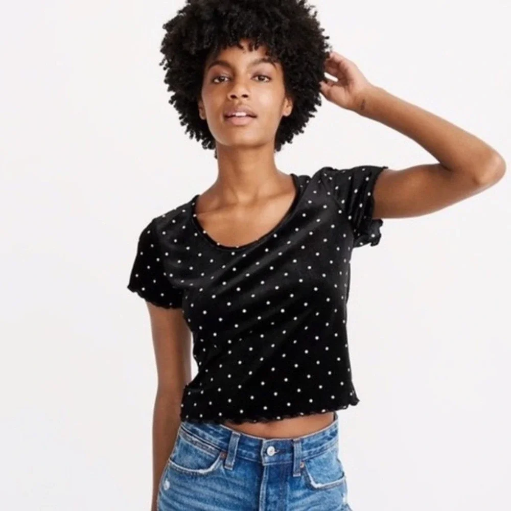 Abercrombie & Fitch Black Velvet Polka Dot Soft Stretch Top Scoop Neck — Size M - Picture 4 of 9